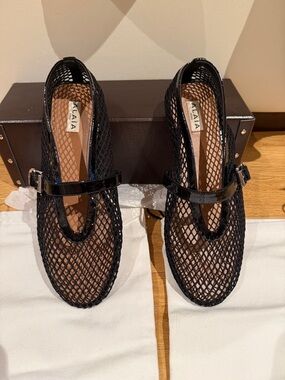 Alaia Black Mesh Mary Jane Flats with Patent Strap